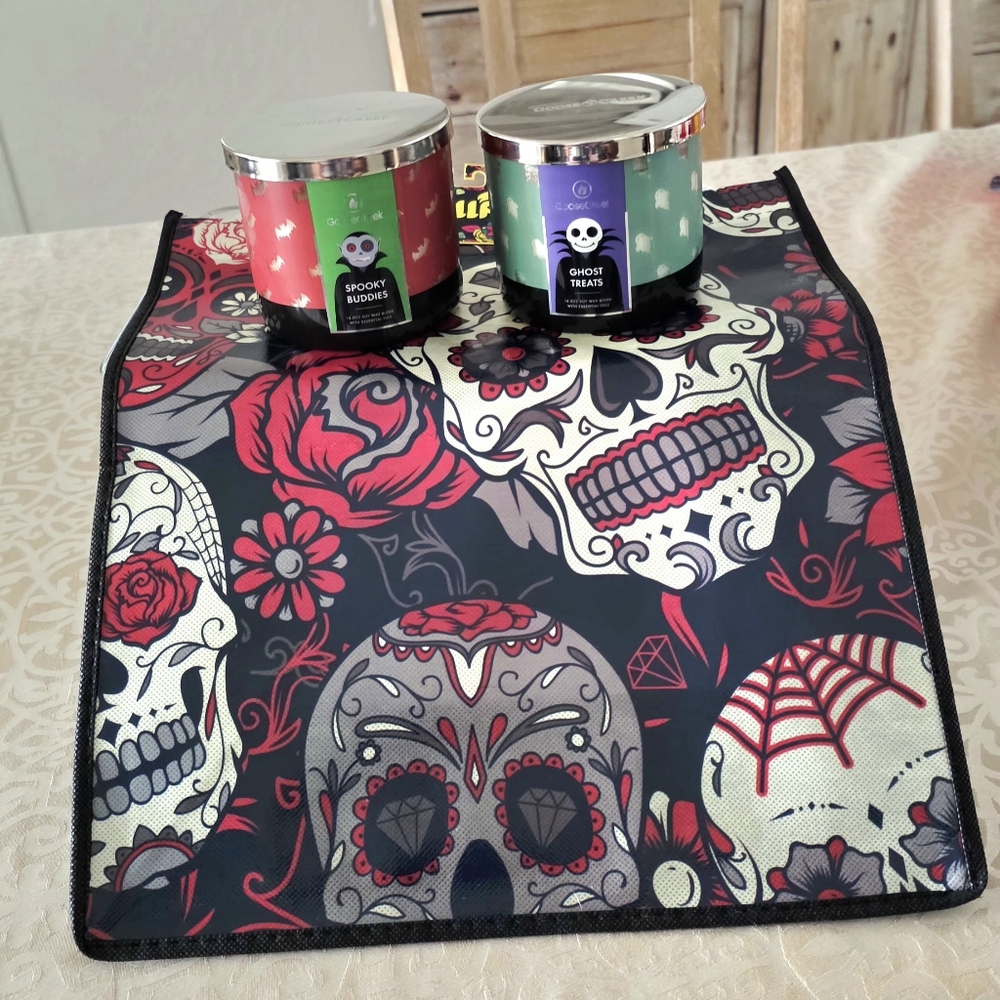 Halloween Goose Creek SPOOKY + GHOST  Treats Candles +Sugarskull Reusable Tote